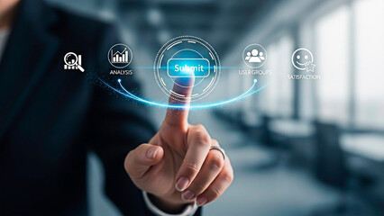 Woman's hand is pressing on the screen with interface icons, for the concept of technology and innovation.