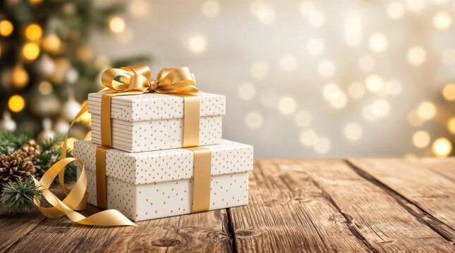 Weihnachtsgeschenke auf rustikalem Holztisch mit goldenen Lichtern und festlicher Dekoration im Hintergrund