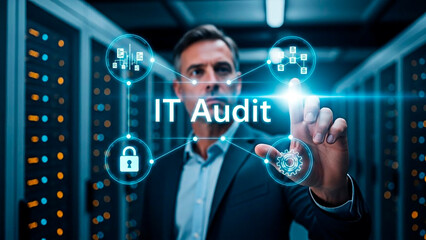 Obraz premium A businessman using IT audit system for the concept of technology and data security.
