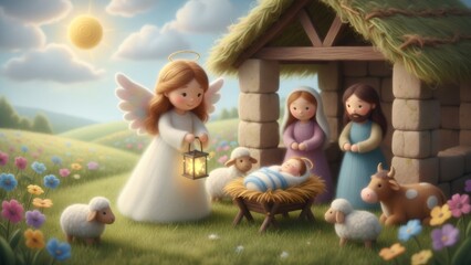 Fototapeta premium Knitted nativity scene with angel, Mary, Joseph, and baby Jesus in a whimsical outdoor setting for Christmas or other christian holiday.