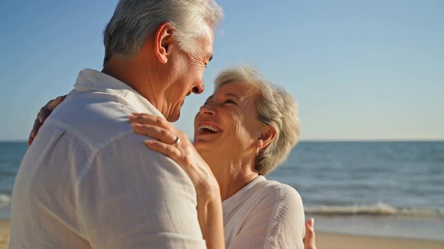 An elderly couple in love is enjoying quality time at the beach Stock Video