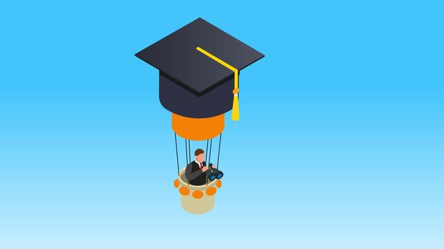 Isometric Businessman in Hot Air Balloon with Graduation Cap, Education Investment, Career Opportunity and Future Vision 3d animation cartoon