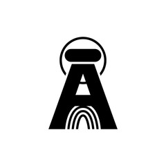 Tactile alphabet black and white stylized letter a with a halo and rainbow element