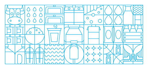 Milk and dairy products in abstract geometric pattern of shapes and figures, vector background. Milk food pattern of geometric cow farm and milk bottle, cottage cheese, and ice cream in mosaic design