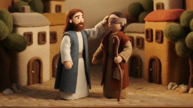 Knitted Jesus figure touching head of knitted blind man with staff in biblical village scene for Christian Easter or Sunday school lesson.