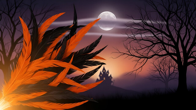 Warm orange and red sunset over a mysterious Halloween night forest landscape with tree silhouettes against the dusk sky - Powered by Adobe