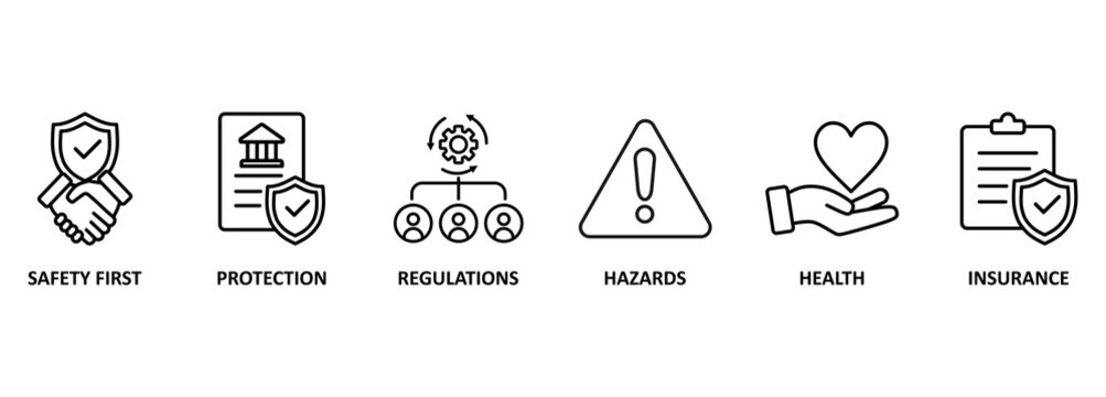 Work safety banner web icon vector illustration for occupational safety and health at work with safety first, protection, regulations, hazards, health, and insurance icon 