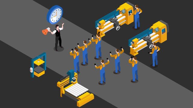 Isometric Factory Work Schedule, Industrial Management, and Time Pressure Concept 3d animation cartoon