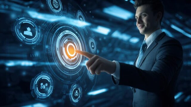 Caucasian executive touches futuristic hologram interface in neon-lit cyber control room, smiling man in suit uses fingertip to activate glowing orange target,