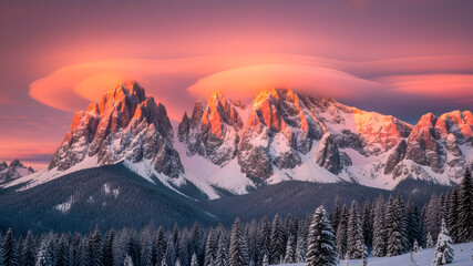 Majestic Dolomite Mountains at Sunset with Dramatic Lenticular Clouds.
