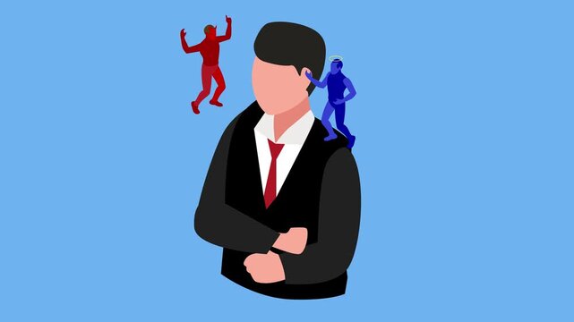 Businessman Facing Moral Dilemma with Red Devil and Blue Angel on Shoulders, Ethical Choice Concept 3d animation cartoon
