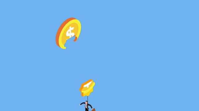 Isometric Businessman Dangling Below Broken Dollar Coin Parachute, Financial Risk, Loss and Market Crash Concept 3d animation cartoon