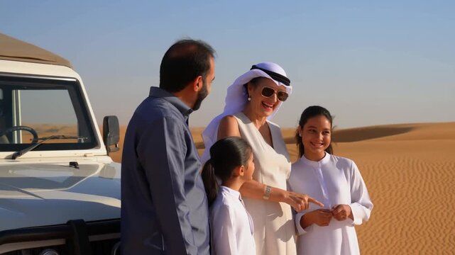 A family enjoying a desert safari with an off-road vehicle. They're smiling and enjoying their travel adventure Stock Video