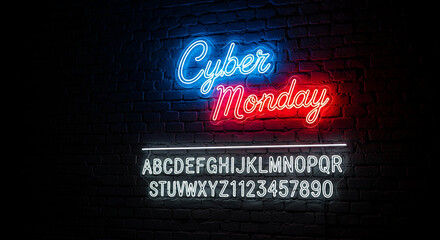 Neon sign on dark brick wall, "Cyber Monday" in blue and red, plus alphabet and numbers. It represents a cyber sale, promotion or advertising