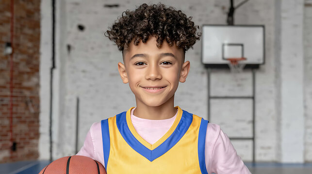 Smiling young basketball player holding ball in gym - Powered by Adobe