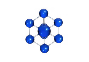 A blue molecular structure with six surrounding spheres connected to a central sphere by thin rods, isolated on transparent background