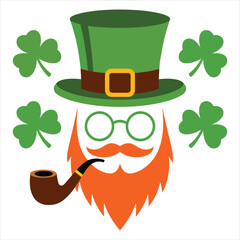 A cheerful leprechaun character icon with a green top hat orange beard and shamrocks celebrating St Patricks Day