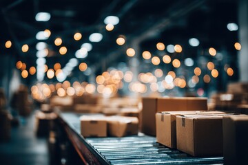 Brightly lit distribution warehouse with wooden tables, neatly stacked order boxes, and a sense of organized efficiency, conveying a bustling shipping atmosphere