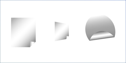 Curled page corner with shadow on transparent background collection. Blank transparent round and square adhesive stickers mock up with curved corner. Empty circle and quadratic sticky label mockup. 