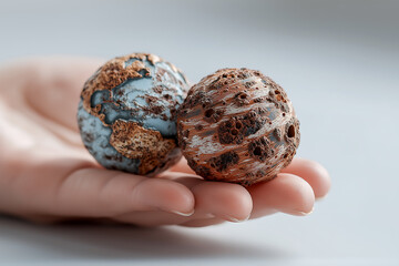 Hand holding two textured miniature planet models