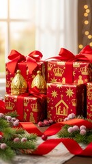 Fototapeta premium Epiphany celebration concept with wrapped gift box and golden crown. Religious festive decoration for January holiday.