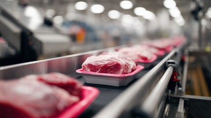 Medium shot featuring biodegradable meat packaging on a conveyor belt highlighting environmental responsibility and waste reduction in food storage.