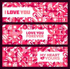 Fototapeta premium Valentine day banners with geometric shapes pattern for love holiday, vector greeting cards. Valentine day, wedding or marriage banners with love quote phrases on abstract pink red geometric shapes