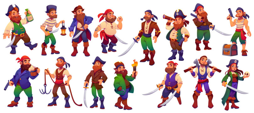 Cartoon pirate captains and corsair sailors characters set with vintage costumes, hats, hook, guns and swords. Vector funny men and woman pirates characters, treasure chest, rum bottle, skull and axe