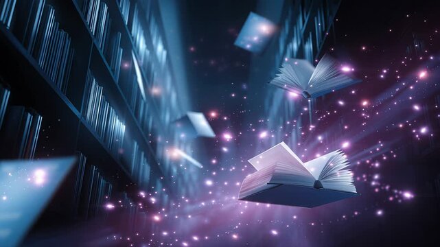 bookshelves in library, modern library with digital catalog