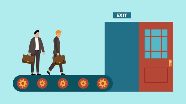 Employees on Conveyor Belt Moving Towards Exit Door - Concept of Layoff or Resignation cartoon animation