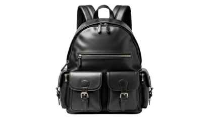 Black leather backpack isolated on transparent background