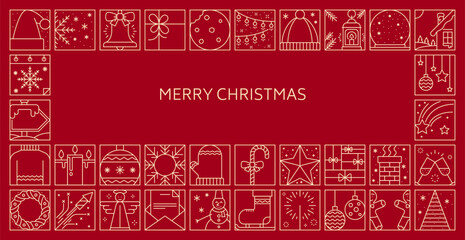 Obraz premium Christmas line ornament greeting card or invitation poster for winter holiday, vector banner. Merry Christmas greeting card with line art decorations, Santa gift and Xmas tree baubles or New Year snow