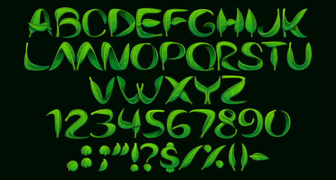 Green leaf font, plant typeface, garden tree leaves type, nature english alphabet. Vector spring plant floral font letters and numbers typography set. Fresh green foliage typeface alphabet symbols