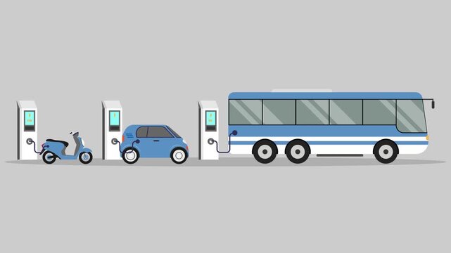 Electric Vehicle (EV) Charging Stations for Scooter, Car, and Public Bus cartoon animation