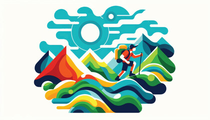 Hiker navigating vibrant stylized mountain landscape under a bright sun.