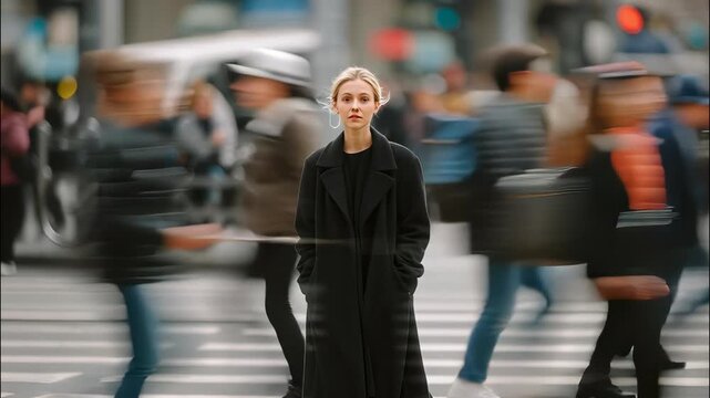 Young woman standing still in busy city street, surrounded by motion blurred people, and focus individuality expressing video 4k