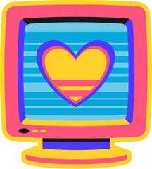 Retro computer CRT monitor Y2K groovy sticker or vintage tag. Electronics technology funky vector tag, 1990s digital gadget patch. PC hardware sticker with love heart on vintage monitor or screen