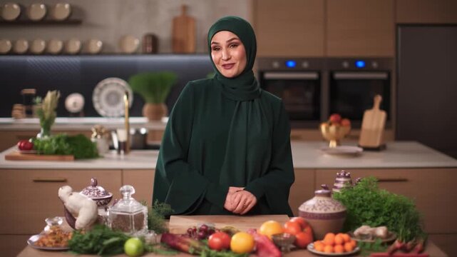 A woman in a kitchen setting stands amid fresh ingredients, preparing a meal. A woman wearing headscarf is surrounded by various food items Stock Video
