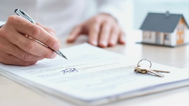 Man signs a real estate purchase agreement with keys to house and miniature model house. Real estate transactions, mortgages, legal documentation, real estate law, closing process