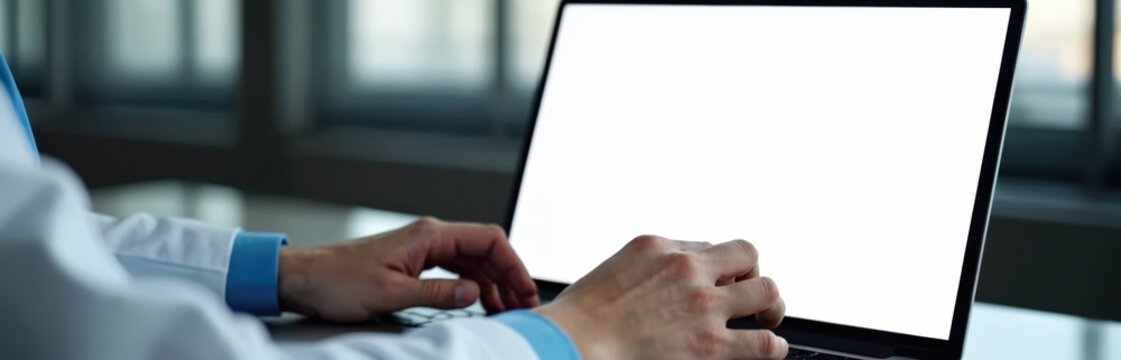 Doctor wearing white coat types on laptop with blank white screen. Hands on keyboard, working at desk in clinic or hospital office. Digital health technology and medical research. - Powered by Adobe