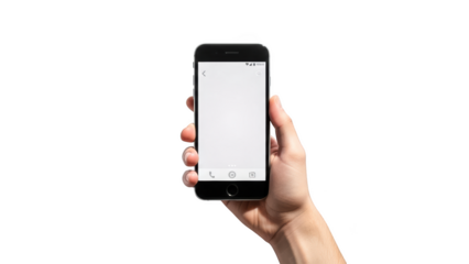 Hand holding a smartphone with a blank screen isolated on transparent background