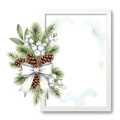 Fototapeta premium Pine branch arrangement with bow in decorative frame and white background