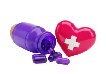 Purple medicine bottle with pills spilling out next to a pink heart with a white cross isolated on transparent background
