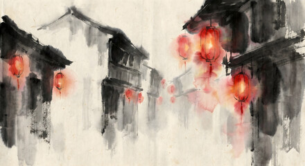 Traditional Chinese ink wash painting of old town street with red lanterns.