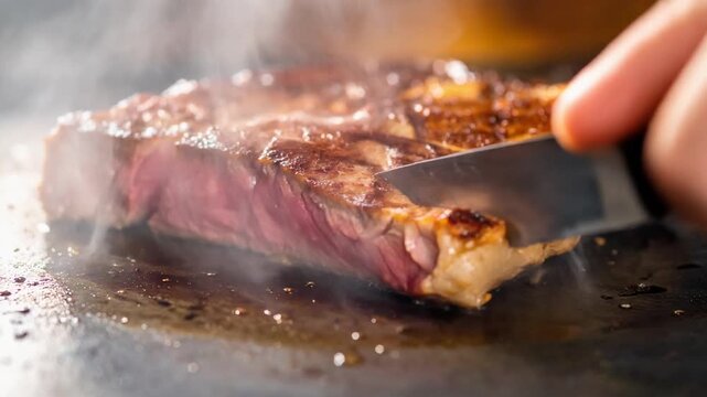 鉄板焼きのステーキが炎を上げながら香ばしく焼き上がる迫力の瞬間