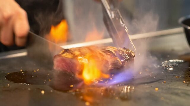 鉄板焼きのステーキがナイフで切られ肉汁が溢れる臨場感ある瞬間