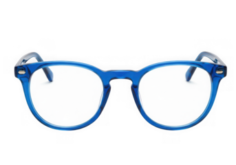 Pair of blue eyeglasses with round lenses and clear frames isolated on transparent background