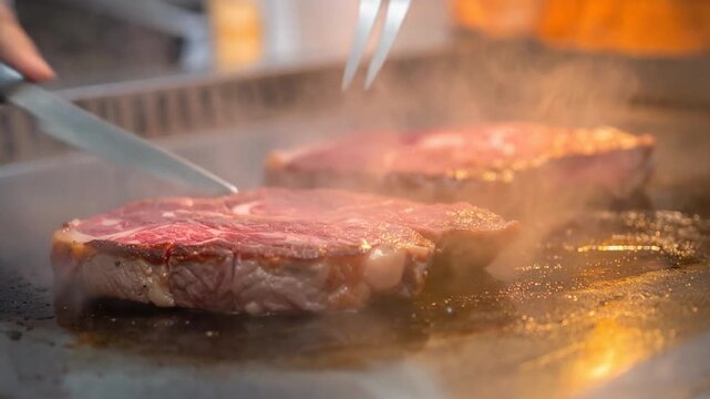鉄板焼きのシェフがステーキをカットする香ばしい音が響く厨房