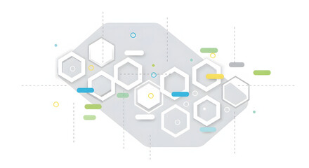 Abstract geometric background with connected hexagon shapes and colorful elements on white emphasizing technology and innovation