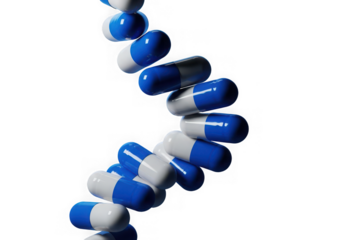 Blue and white capsules arranged in a spiral pattern isolated on transparent background